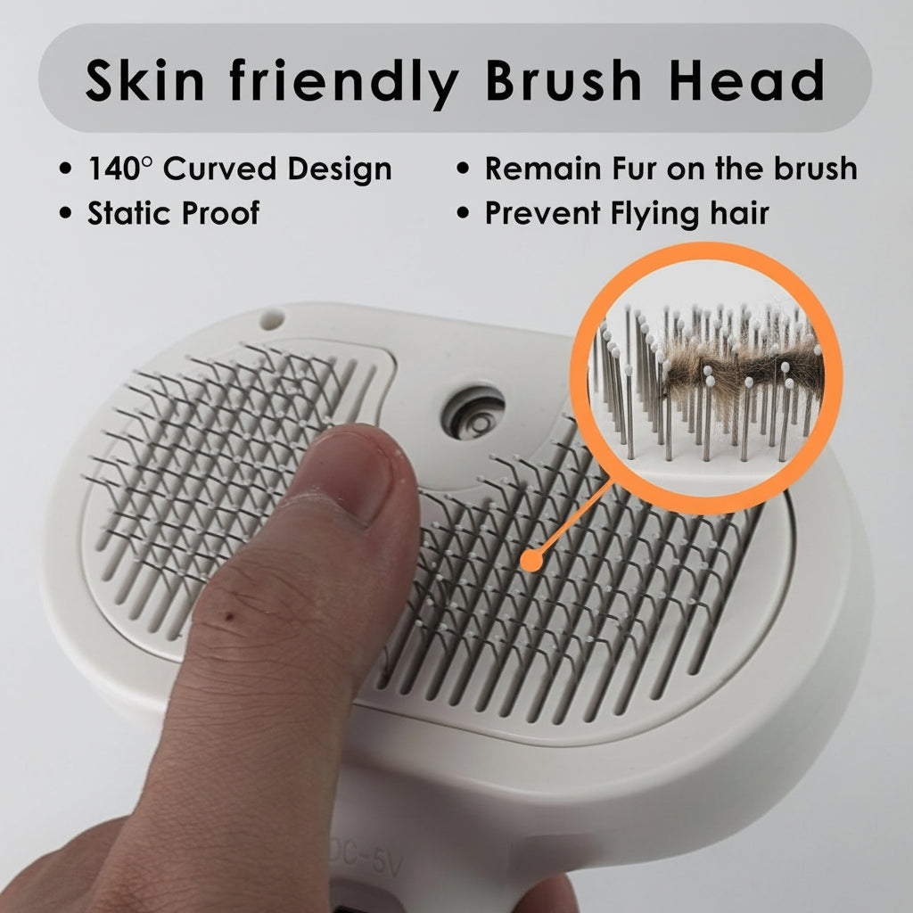 Self-Cleaning Grooming Brush For Pets With Silicone Massage Bristles And Spray | Temsk