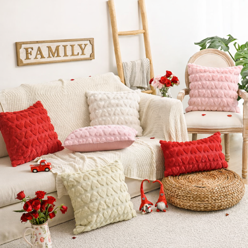 Pink Heart Print Pillow Covers Polyester Valentine Themed Throw Covers | Temsk