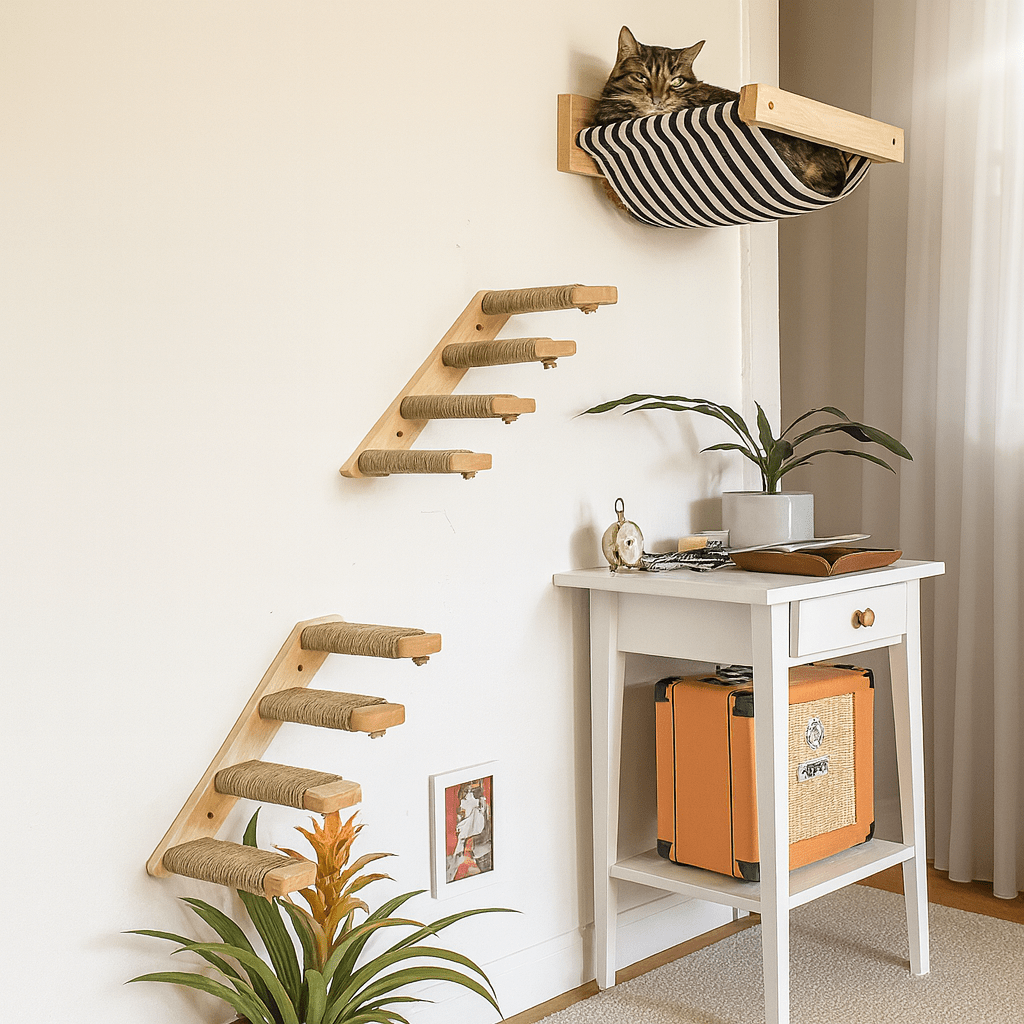 LunaNest Cat Wall Shelves In Natural Wood With Cozy Fabric Padding | Temsk
