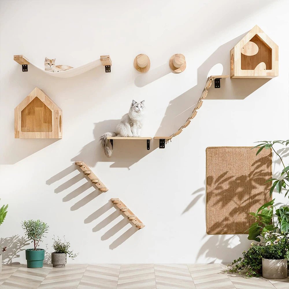 LunaNest Cat Wall Shelves In Natural Wood With Cozy Fabric Padding | Temsk