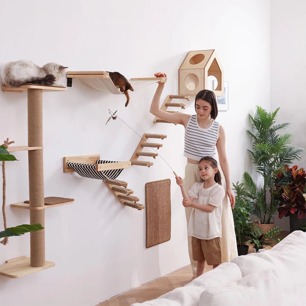 LunaNest Cat Wall Shelves In Natural Wood With Cozy Fabric Padding | Temsk