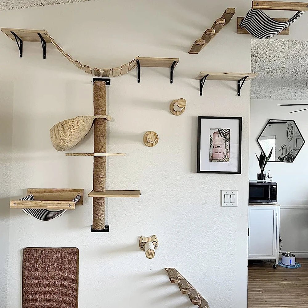 LunaNest Cat Wall Shelves In Natural Wood With Cozy Fabric Padding | Temsk