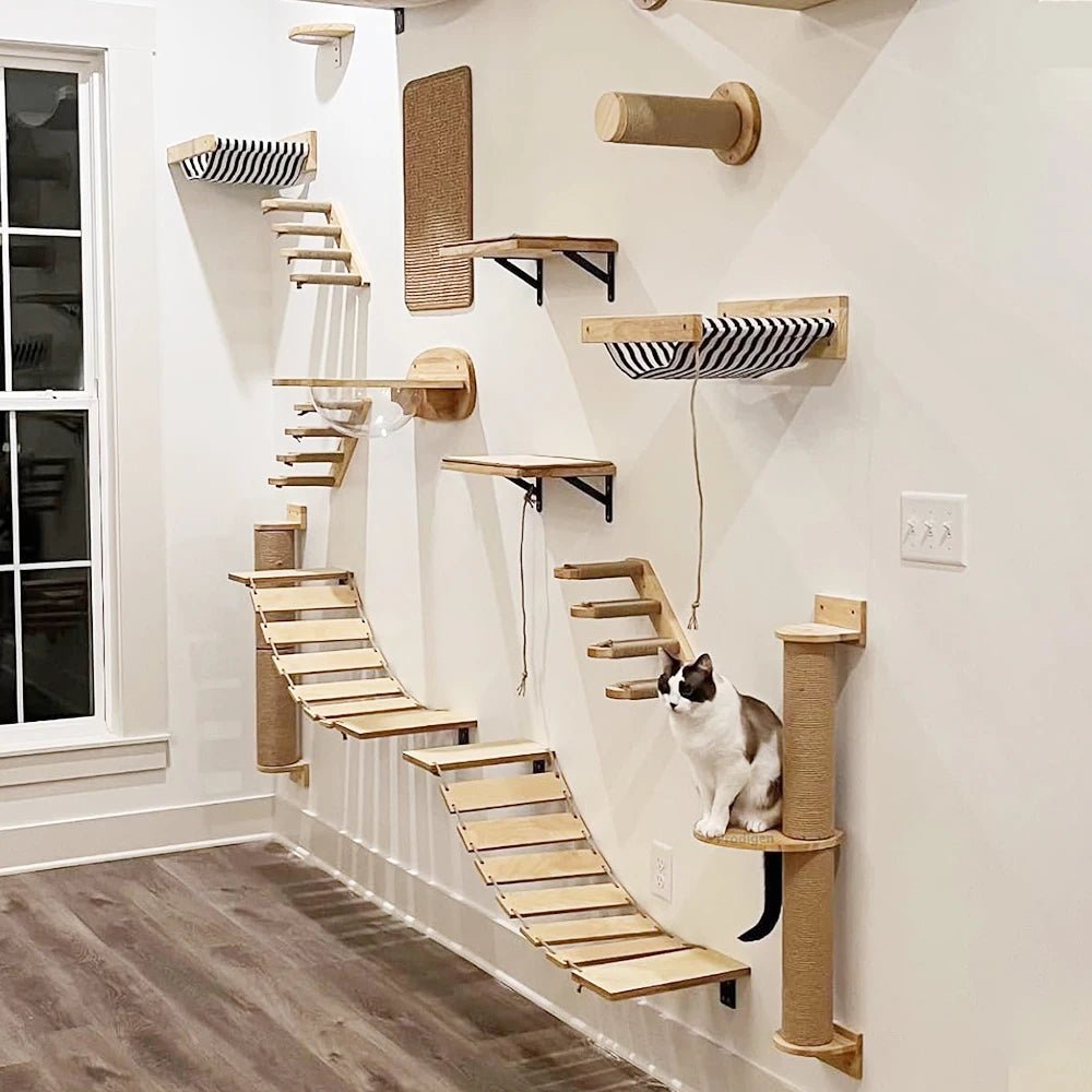 LunaNest Cat Wall Shelves In Natural Wood With Cozy Fabric Padding | Temsk