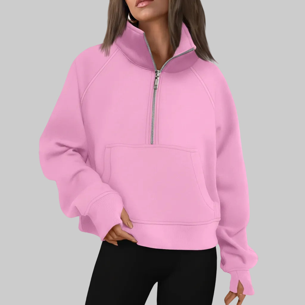 Kvinders cropped fleece-sweatshirt med halv lynlås til daglig varme | Temsk