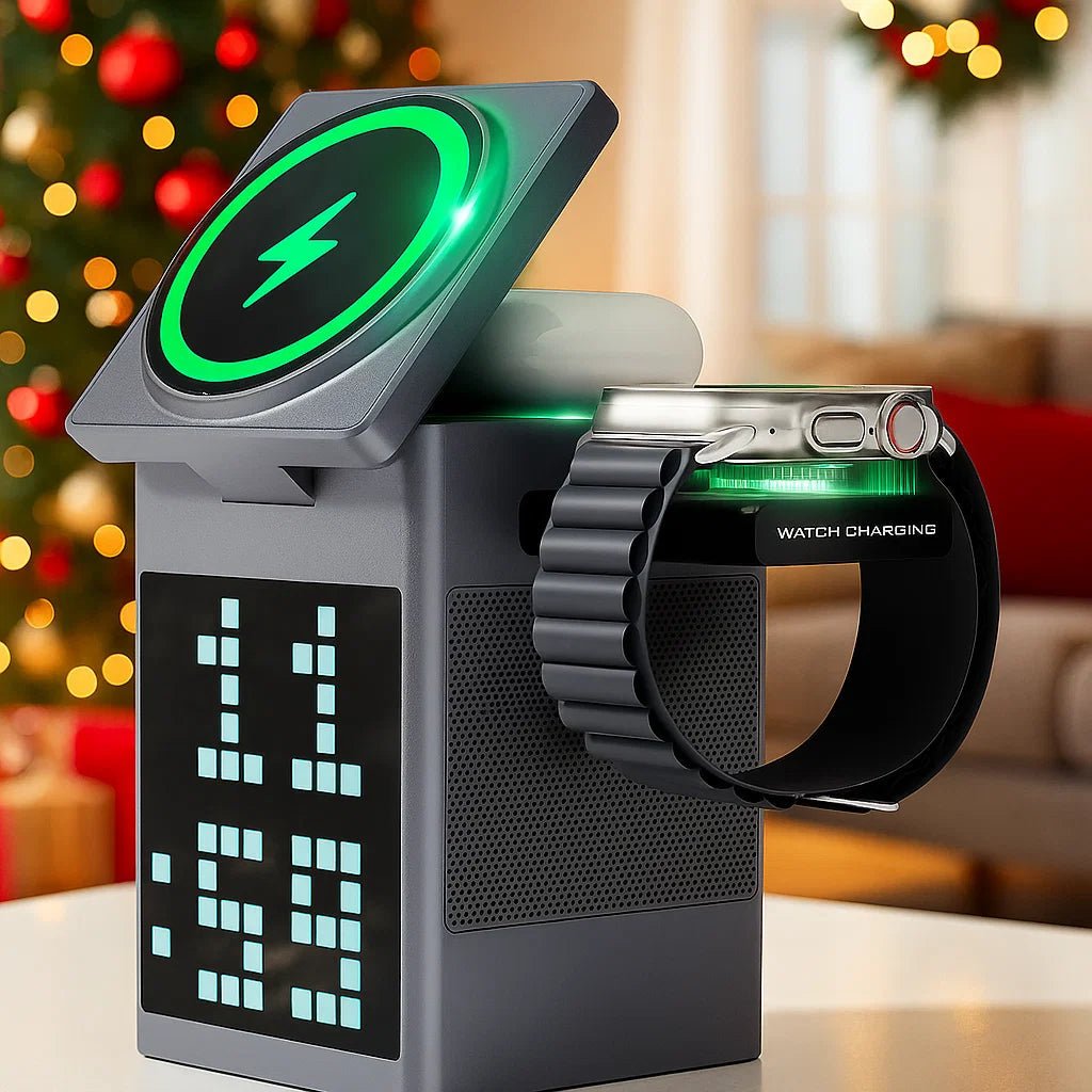 NovaCharge 3-In-1 Wireless Charger With Bluetooth Speaker And LED Clock Display | Temsk