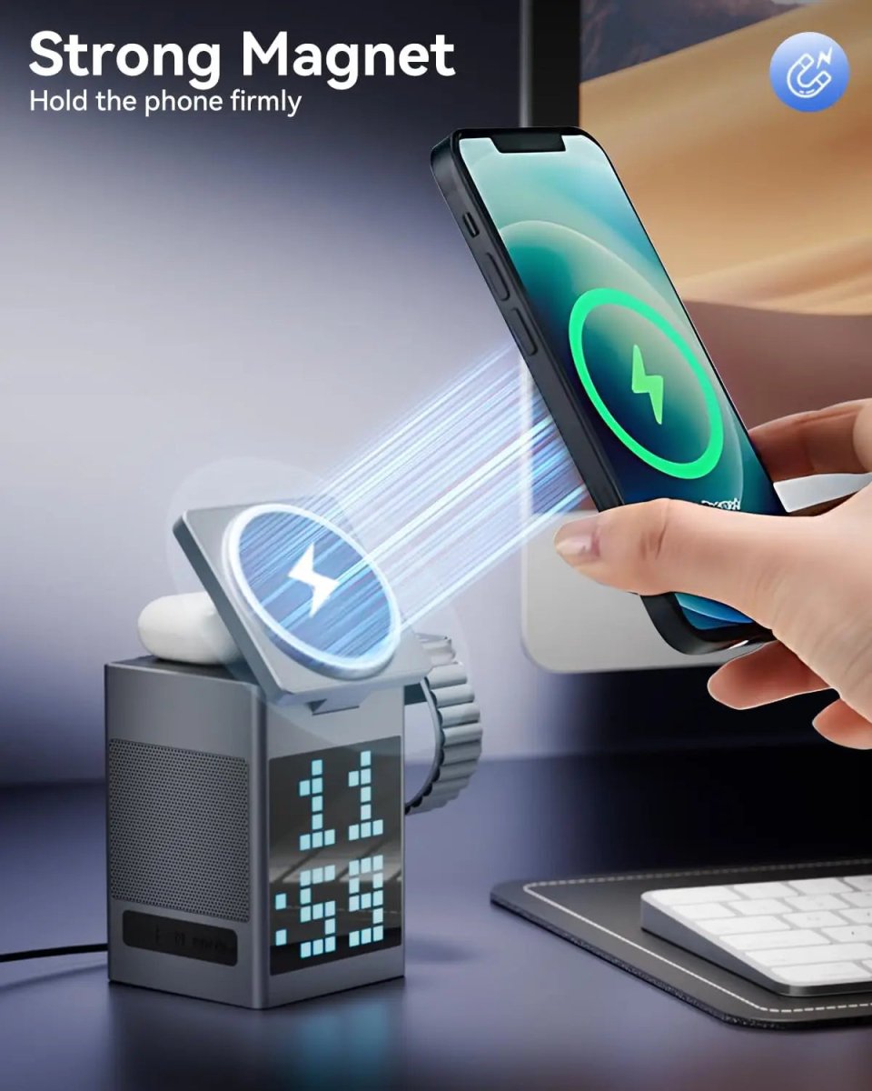 NovaCharge 3-In-1 Wireless Charger With Bluetooth Speaker And LED Clock Display | Temsk