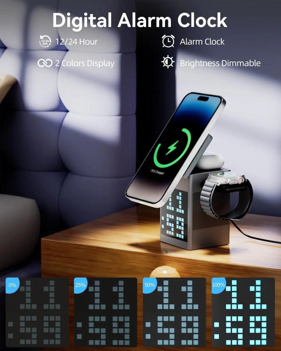 NovaCharge 3-In-1 Wireless Charger With Bluetooth Speaker And LED Clock Display | Temsk