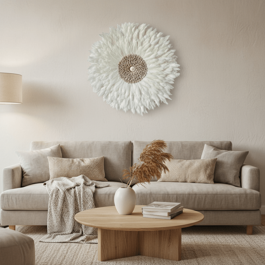 AuroraFeather Elegant White Feather Juju Hat For Wall Decor In Modern Interiors | Temsk