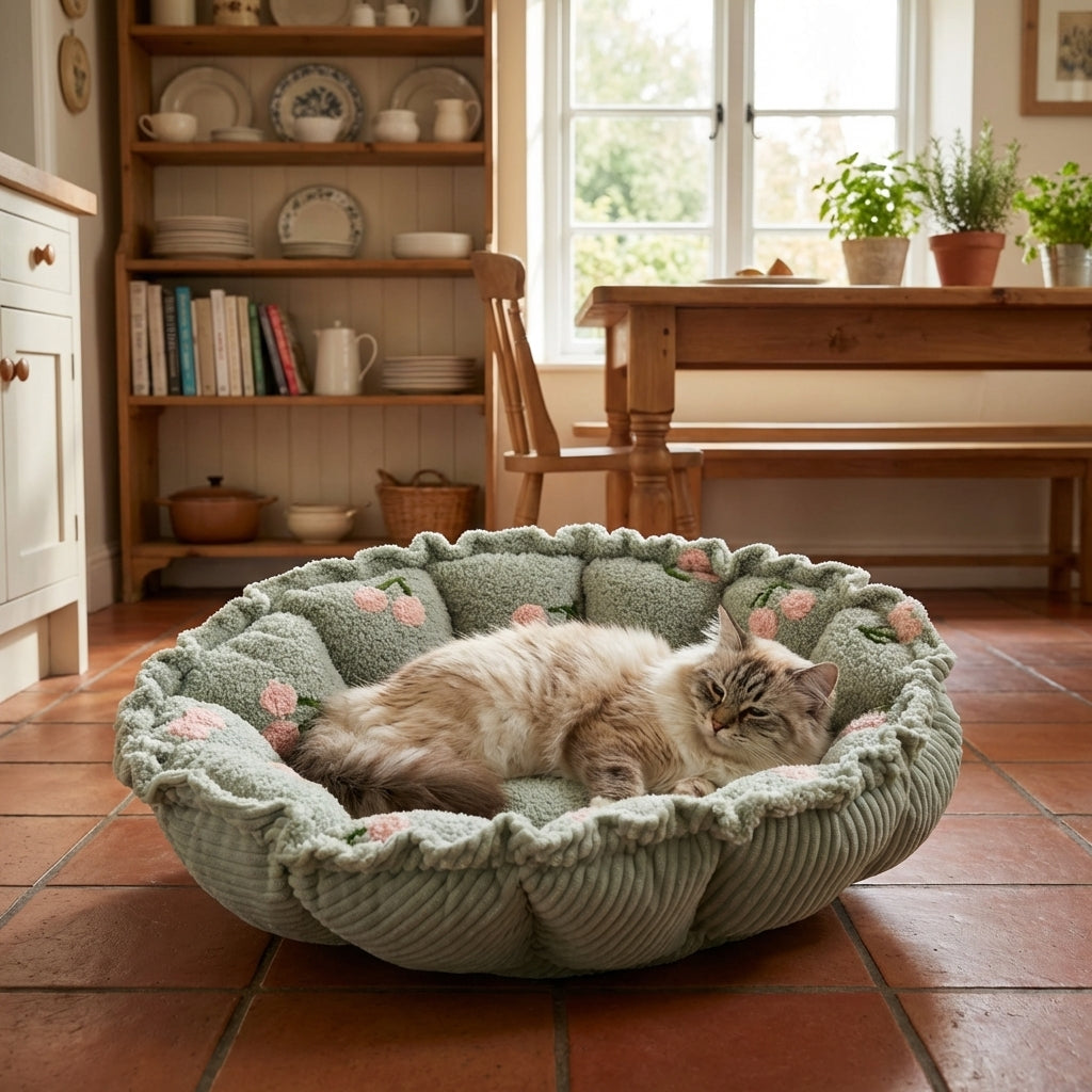 Petal-Shape Adjustable Cat Bed With Cloudy Velvet Cherry Print S/M | Temsk