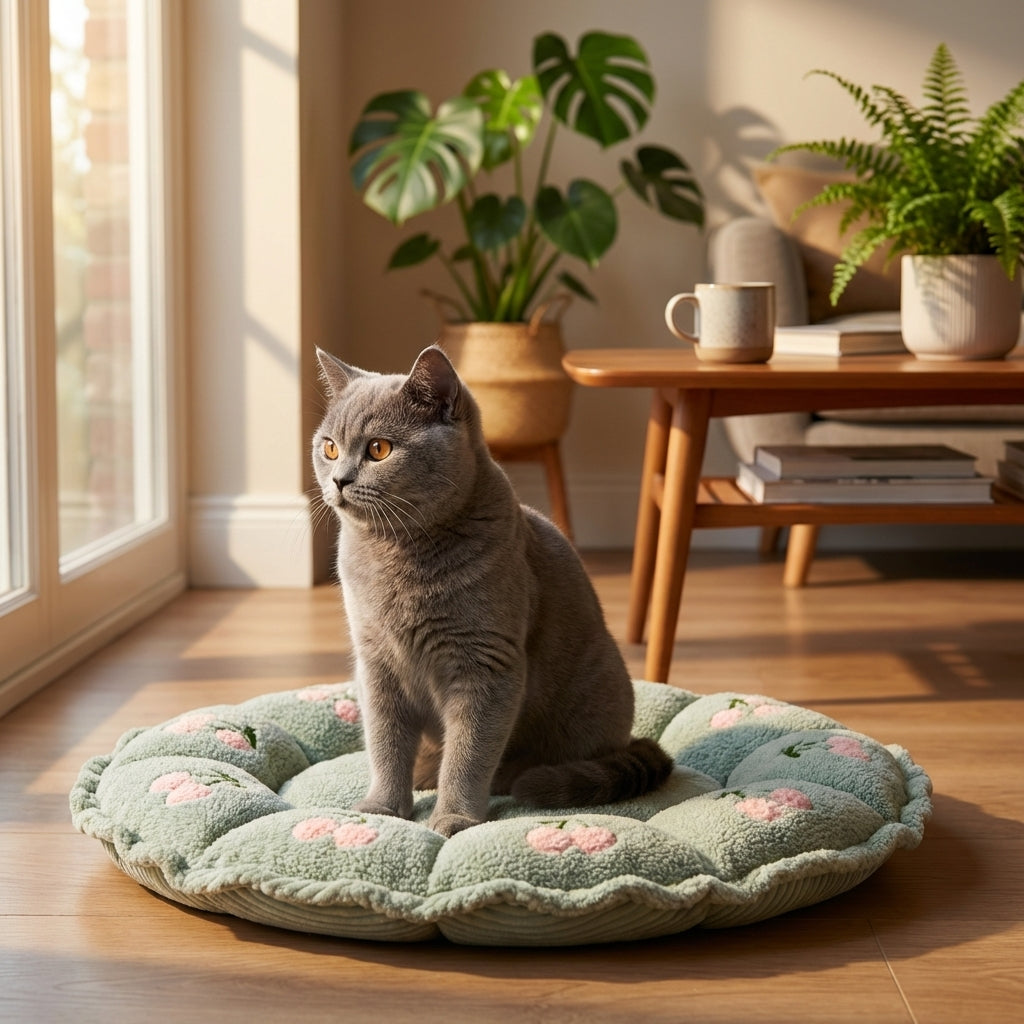 Petal-Shape Adjustable Cat Bed With Cloudy Velvet Cherry Print S/M | Temsk