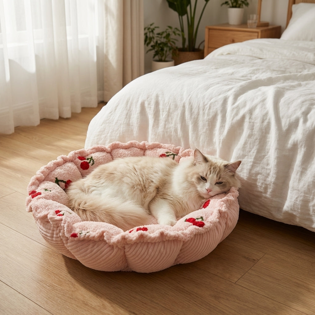 Petal-Shape Adjustable Cat Bed With Cloudy Velvet Cherry Print S/M | Temsk