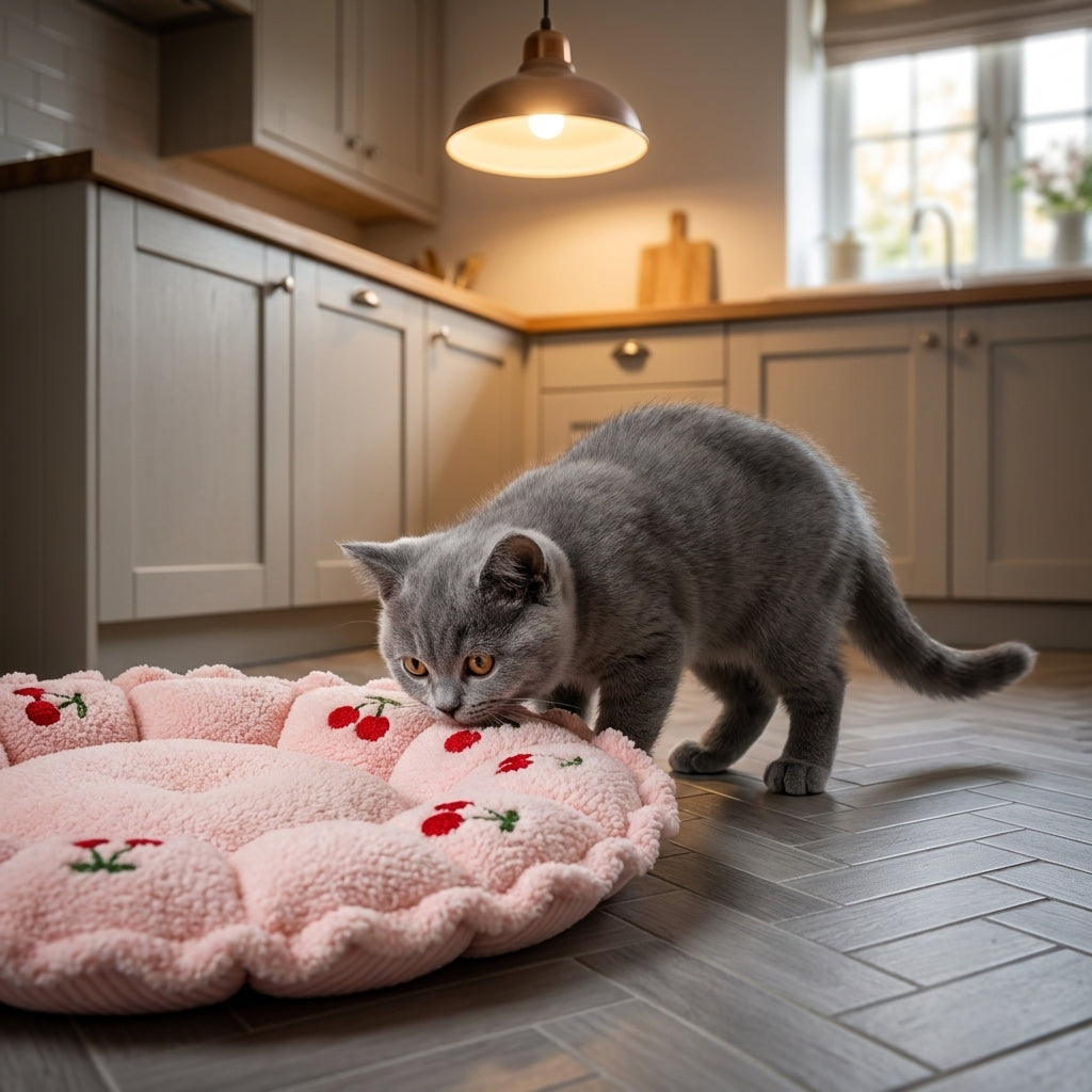 Petal-Shape Adjustable Cat Bed With Cloudy Velvet Cherry Print S/M | Temsk