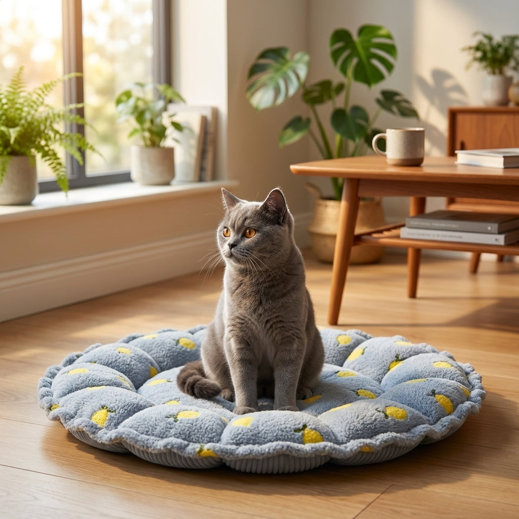 Petal-Shape Adjustable Cat Bed With Cloudy Velvet Cherry Print S/M | Temsk