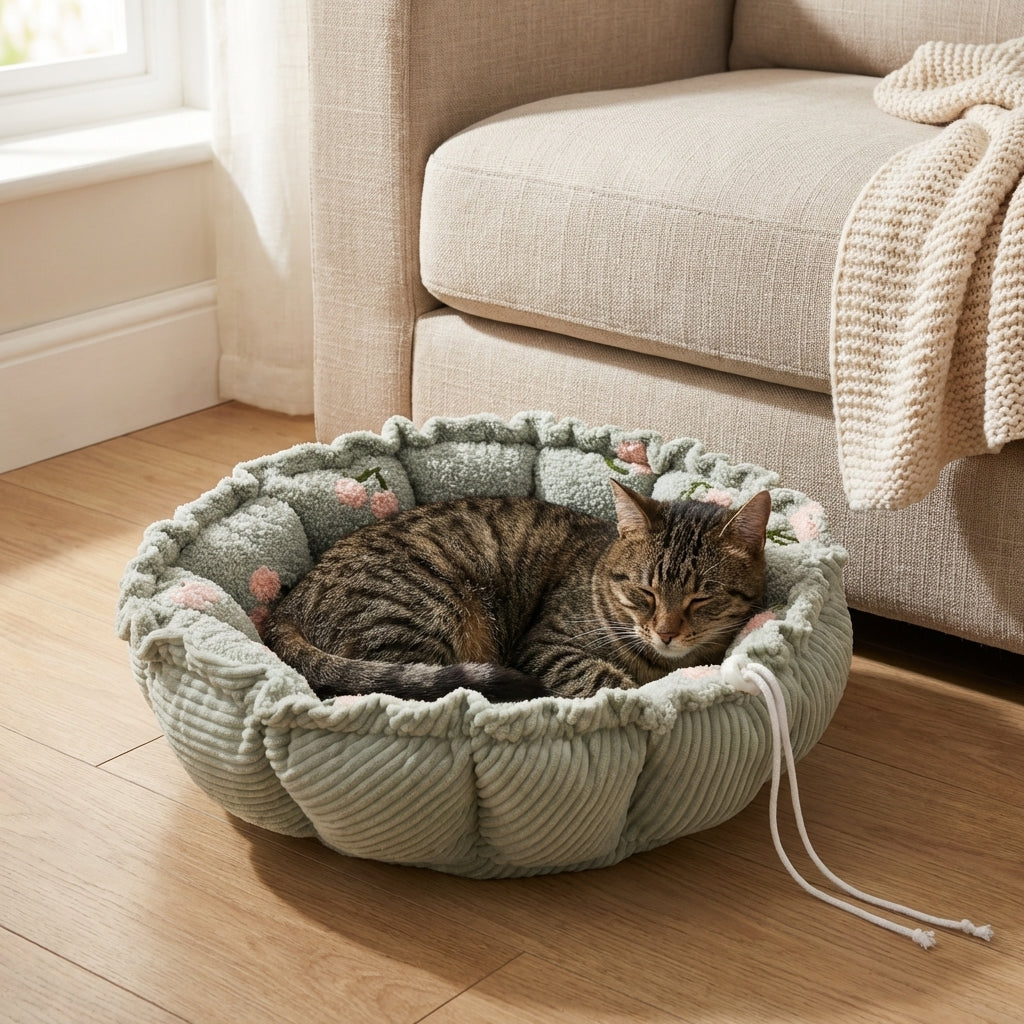 Petal-Shape Adjustable Cat Bed With Cloudy Velvet Cherry Print S/M | Temsk