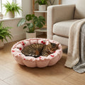 Petal-Shape Adjustable Cat Bed With Cloudy Velvet Cherry Print S/M | Temsk