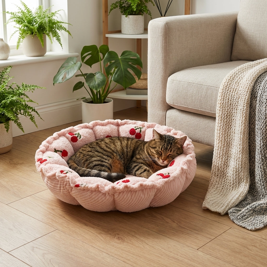 Petal-Shape Adjustable Cat Bed With Cloudy Velvet Cherry Print S/M | Temsk