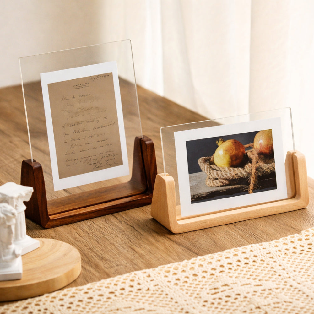 Acrylic Photo Frame On Solid Wood Tabletop Display Stand | Temsk
