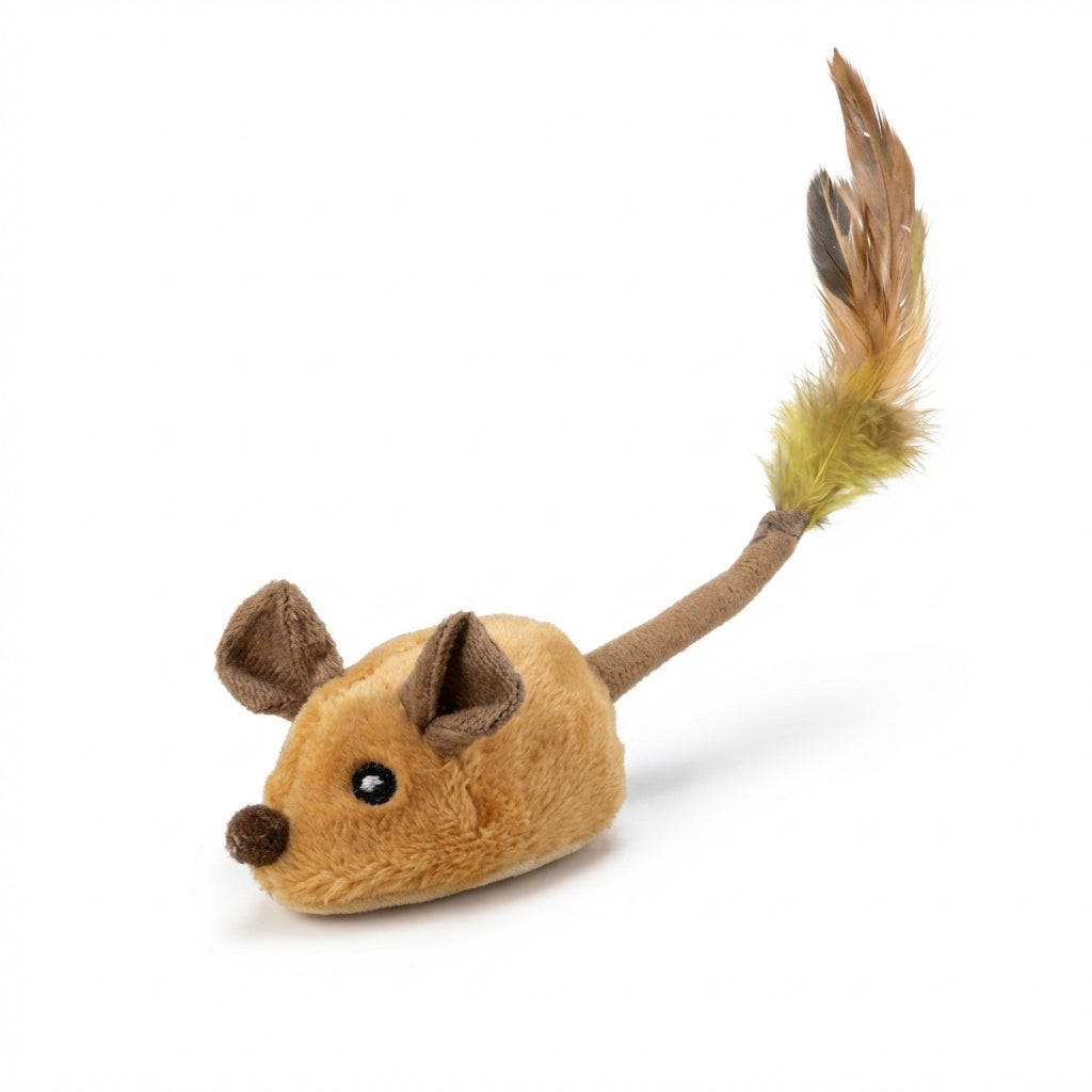 Plush Mouse Cat Toy With Feather Tail Battery Operated Grey And Orange | Temsk