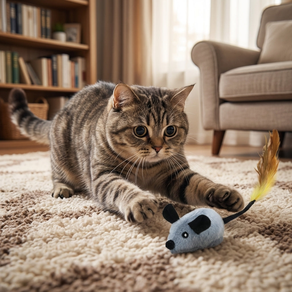 Plush Mouse Cat Toy With Feather Tail Battery Operated Grey And Orange | Temsk