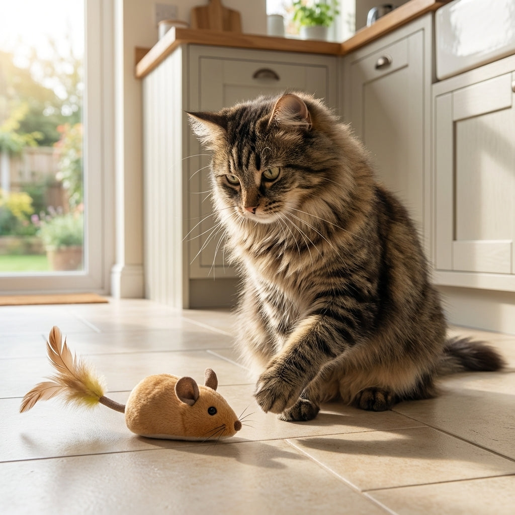 Plush Mouse Cat Toy With Feather Tail Battery Operated Grey And Orange | Temsk