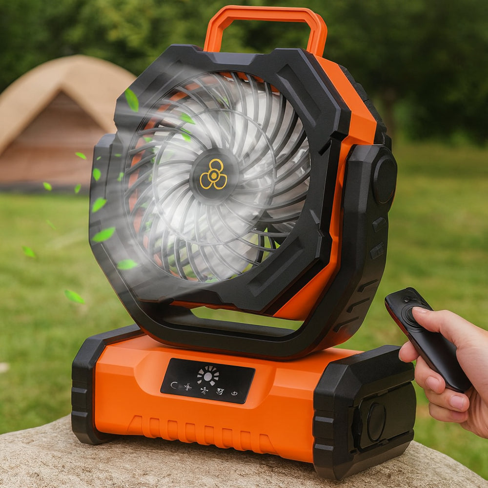 Genopladelig bærbar ventilator med oscillation og fjernbetjening til camping | Temsk