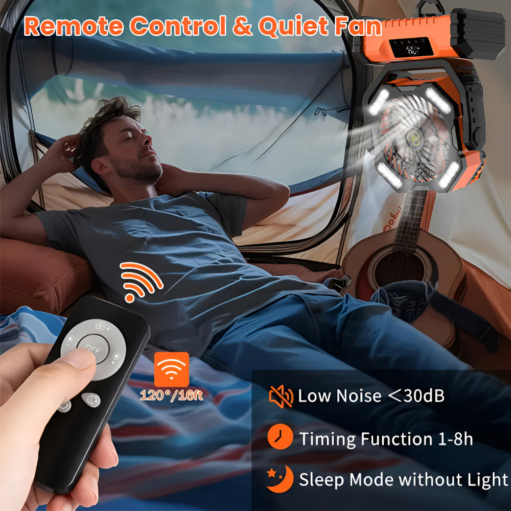 Genopladelig bærbar ventilator med oscillation og fjernbetjening til camping | Temsk