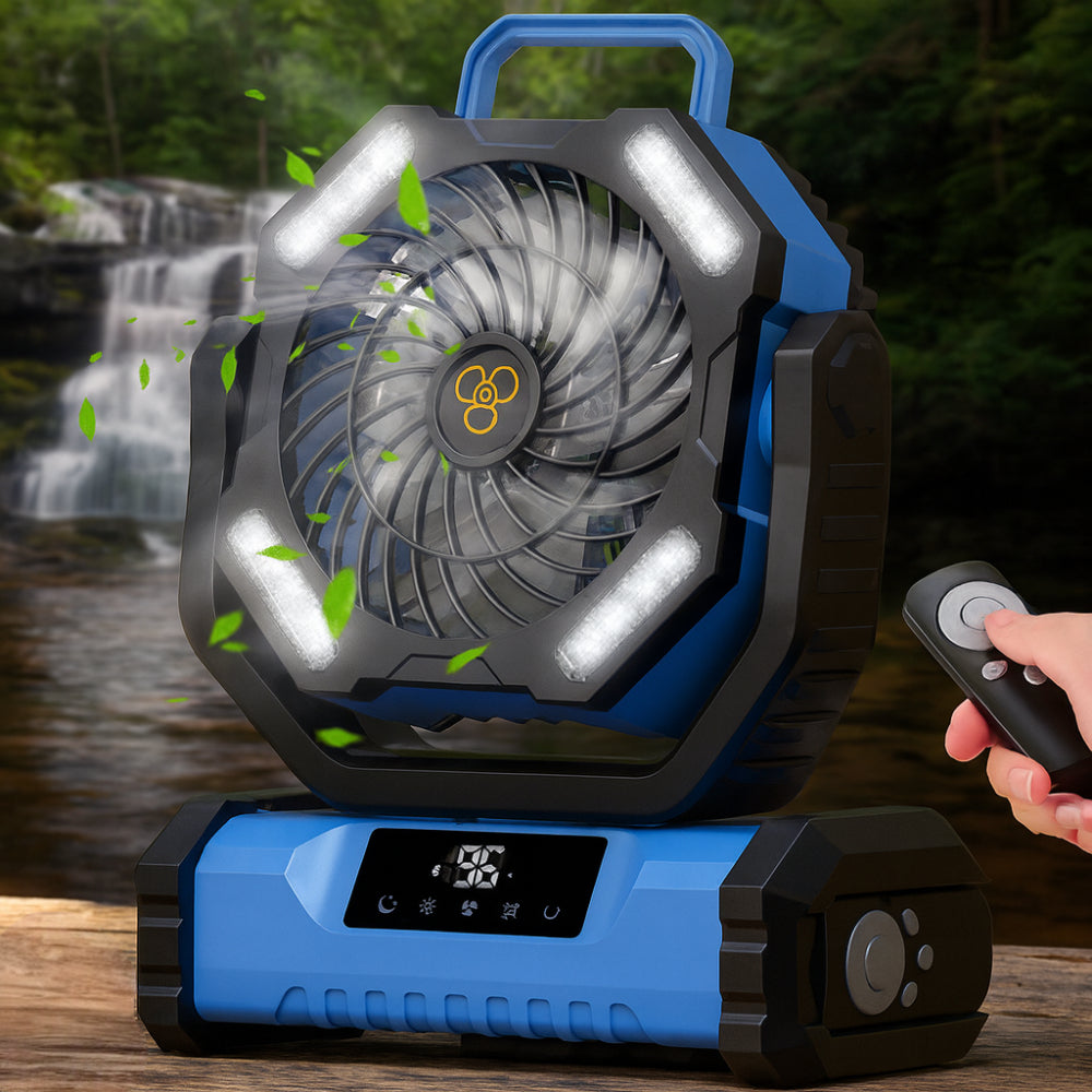 Genopladelig bærbar ventilator med oscillation og fjernbetjening til camping | Temsk