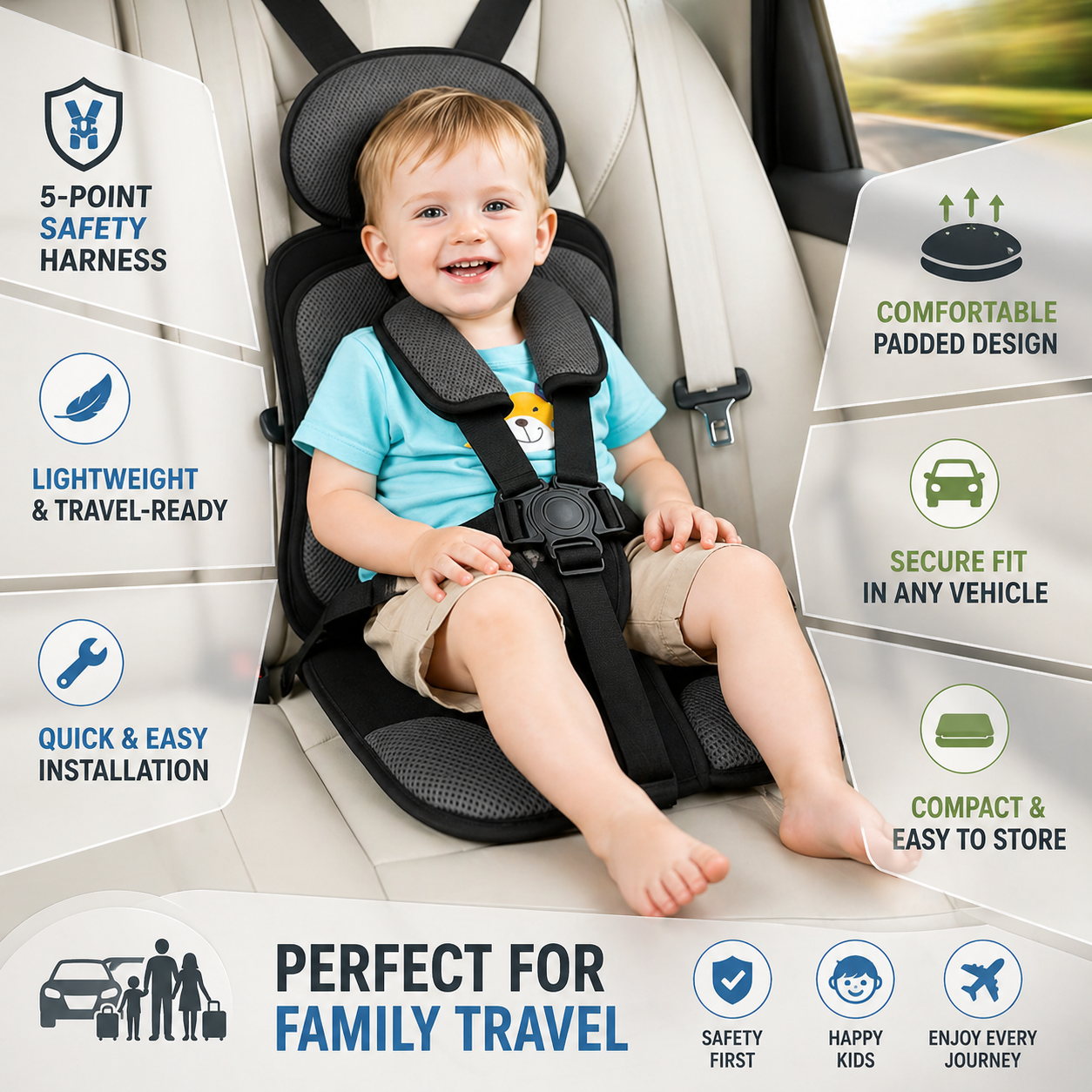 Portable Travel Car Seat With 5-Point Harness For Kids | Temsk