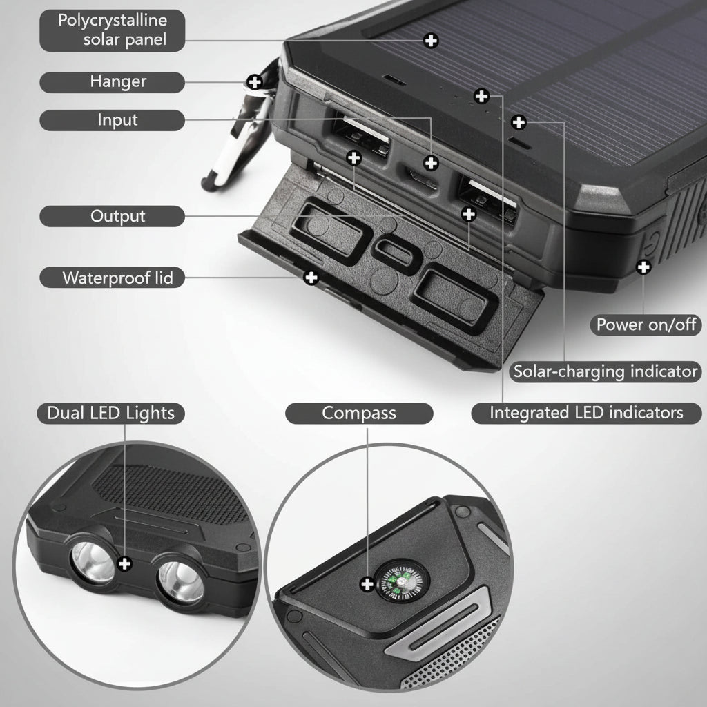 Solar Powered 20000mAh Waterproof Battery Pack For Outdoor Use | Temsk