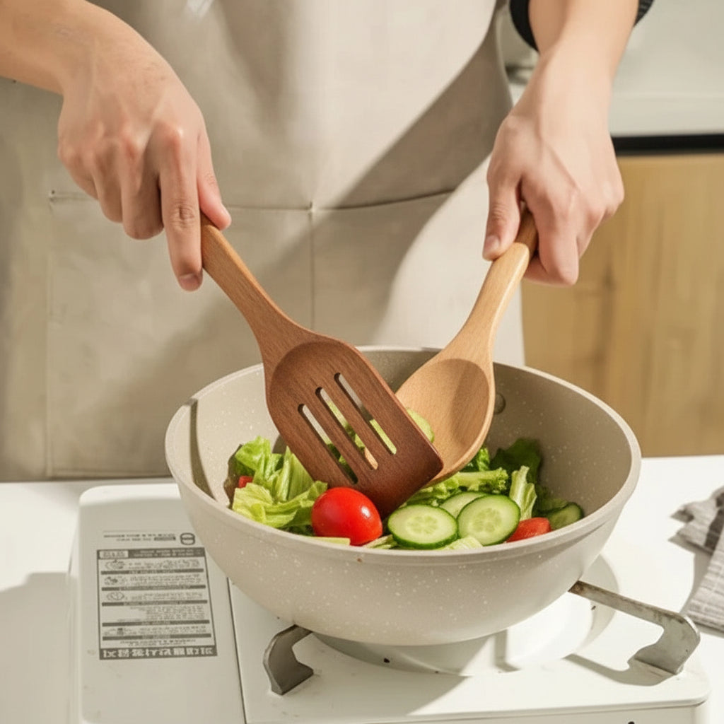 Wooden Utensils Set For Cooking Non Scratch Heat Resistant Kitchen Tools | Temsk
