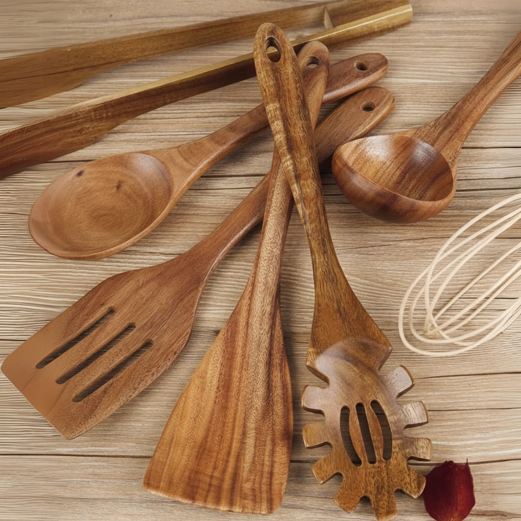 Wooden Utensils Set For Cooking Non Scratch Heat Resistant Kitchen Tools | Temsk