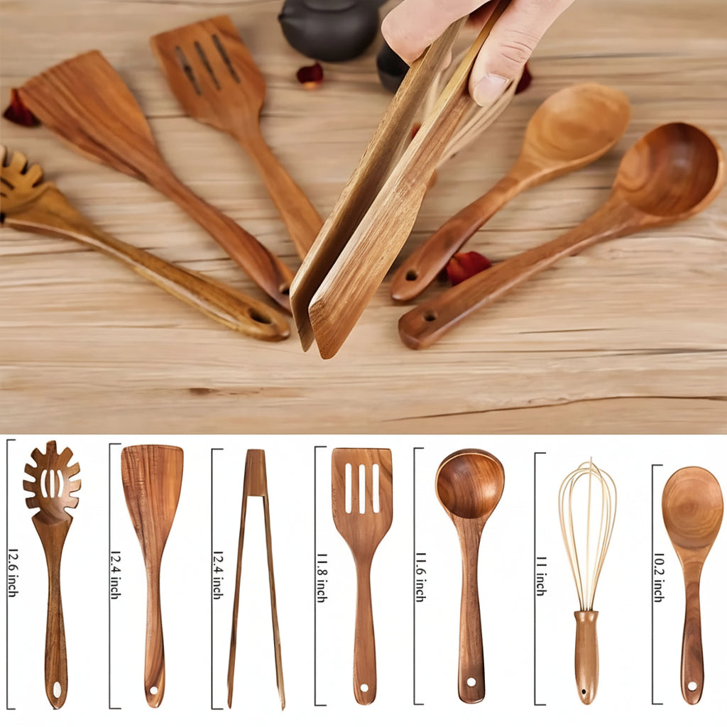 Wooden Utensils Set For Cooking Non Scratch Heat Resistant Kitchen Tools | Temsk