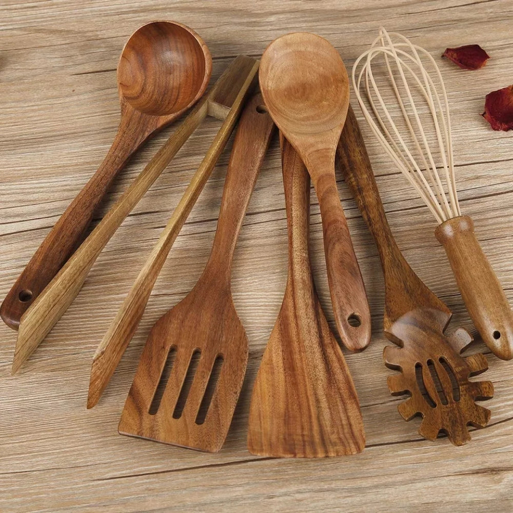Wooden Utensils Set For Cooking Non Scratch Heat Resistant Kitchen Tools | Temsk