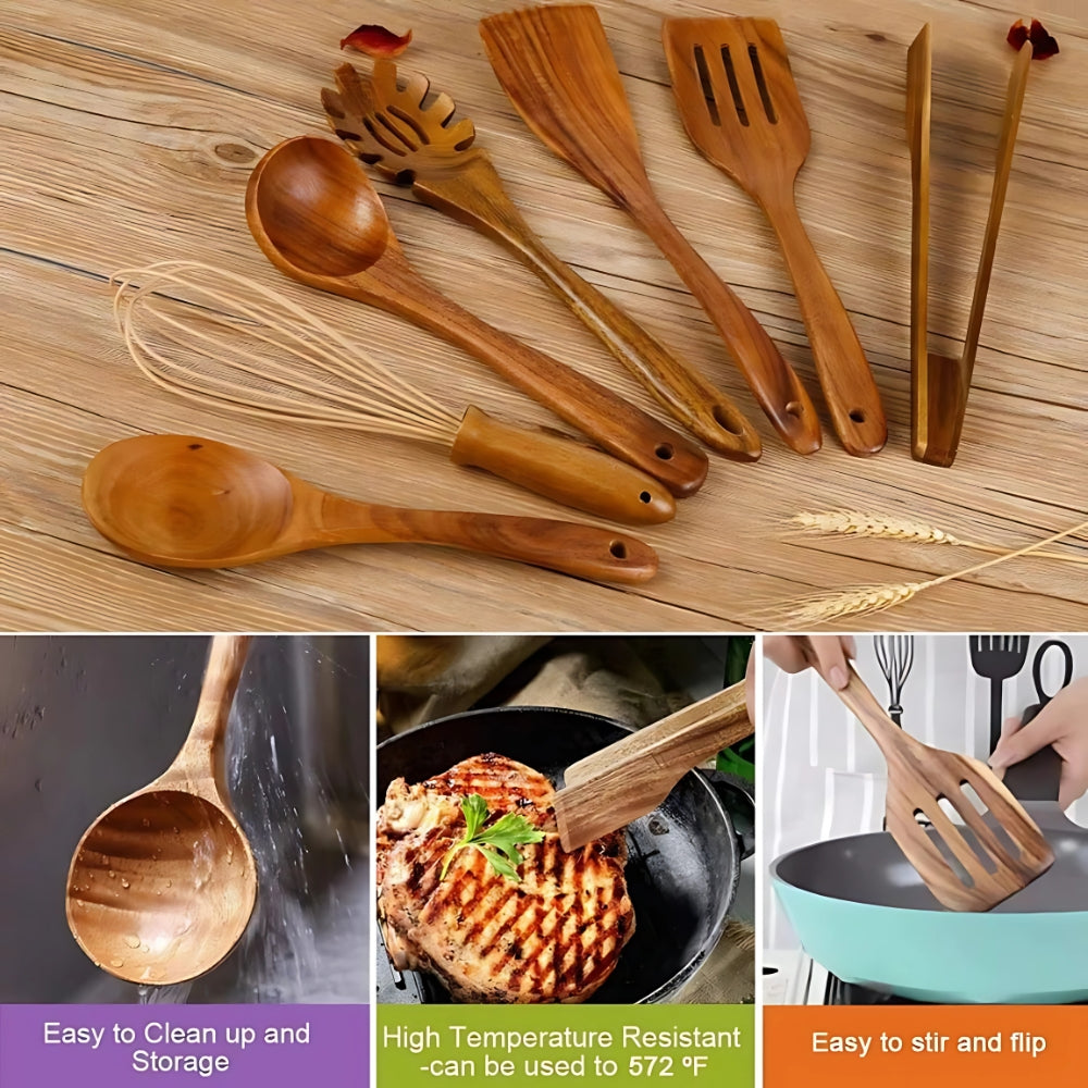 Wooden Utensils Set For Cooking Non Scratch Heat Resistant Kitchen Tools | Temsk