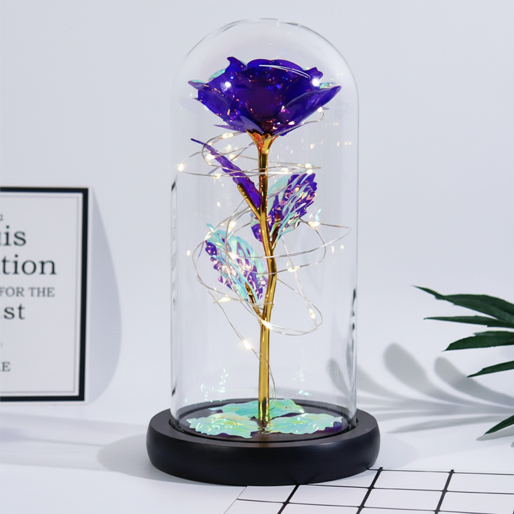 Mothers Day Rose Figure Display Under Glass Dome With Soft Lights | Temsk