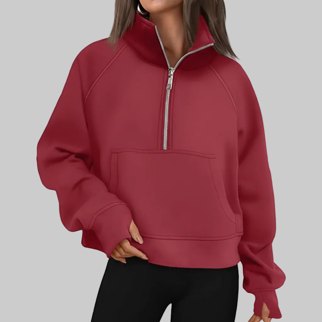 Kvinders cropped fleece-sweatshirt med halv lynlås til daglig varme | Temsk