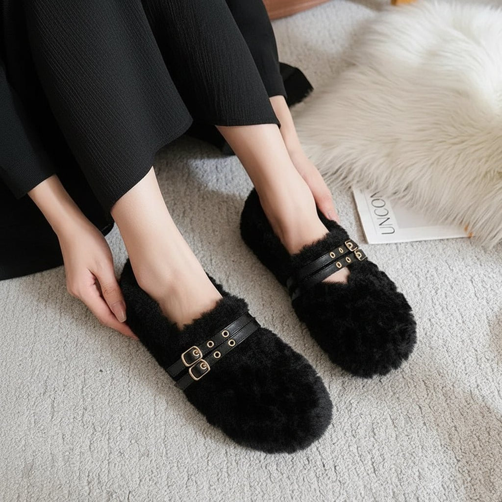 Elegantní dámské mokasíny LuxeGlam z vlny a kožešiny s dvojitými nýty | Temsk