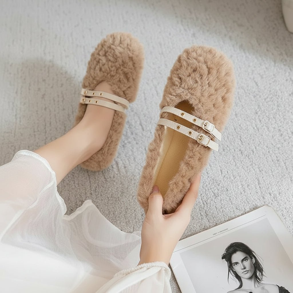 Elegantní dámské mokasíny LuxeGlam z vlny a kožešiny s dvojitými nýty | Temsk