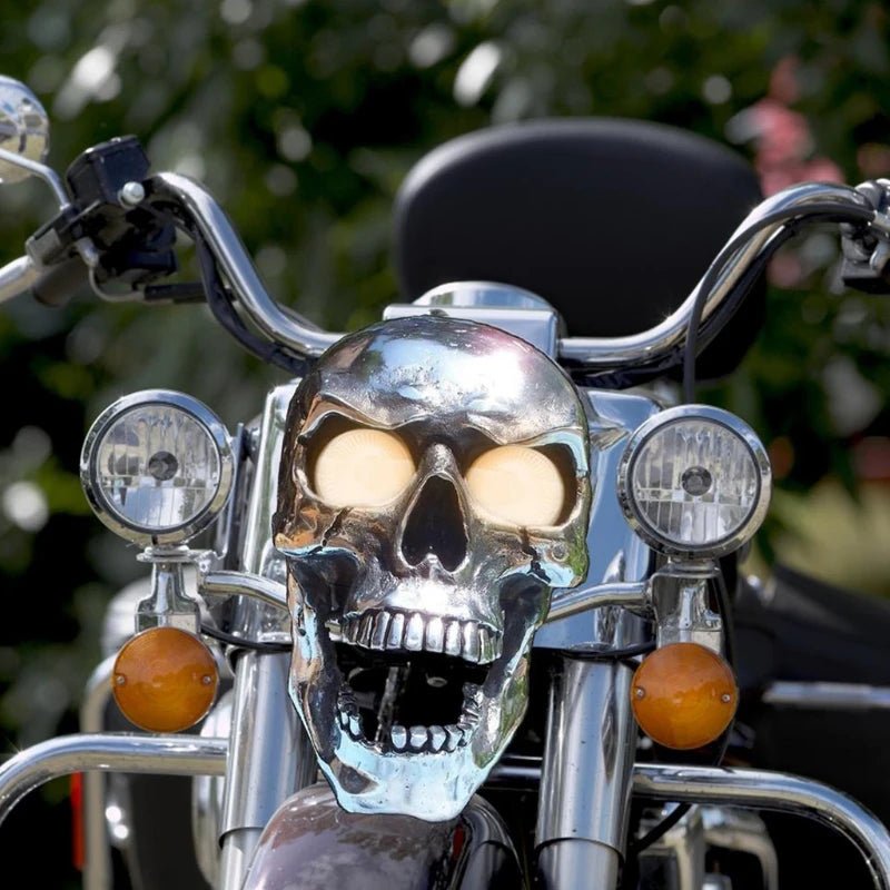 NovaForge LED Skull Lamp For Motorcycles With Unique Eye Glow And Chrome Finish | Temsk