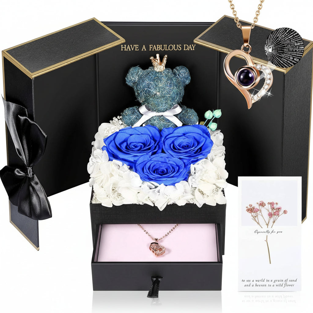 Konservierte Rosen-Geschenkbox mit Herzdisplay und versteckter Halskette | Temsk