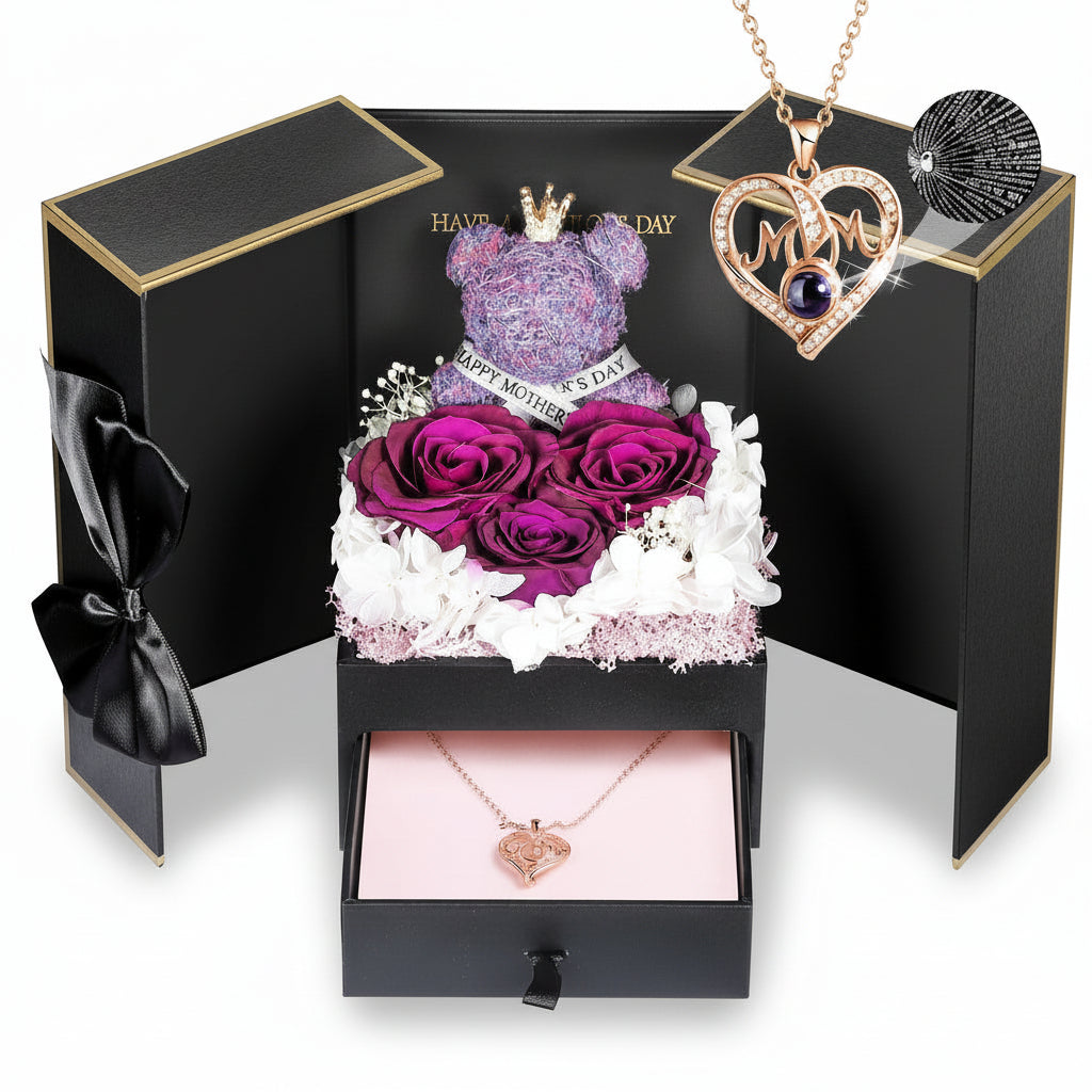 Konservierte Rosen-Geschenkbox mit Herzdisplay und versteckter Halskette | Temsk