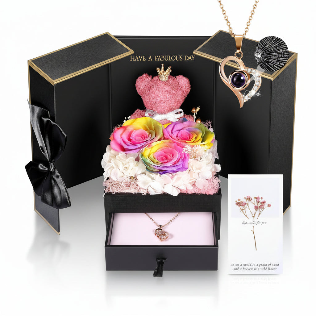 Konservierte Rosen-Geschenkbox mit Herzdisplay und versteckter Halskette | Temsk