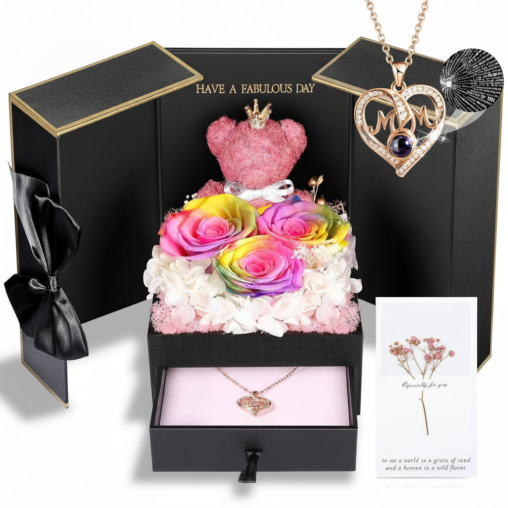 Konservierte Rosen-Geschenkbox mit Herzdisplay und versteckter Halskette | Temsk