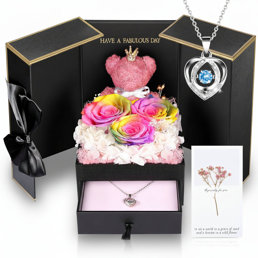 Konservierte Rosen-Geschenkbox mit Herzdisplay und versteckter Halskette | Temsk