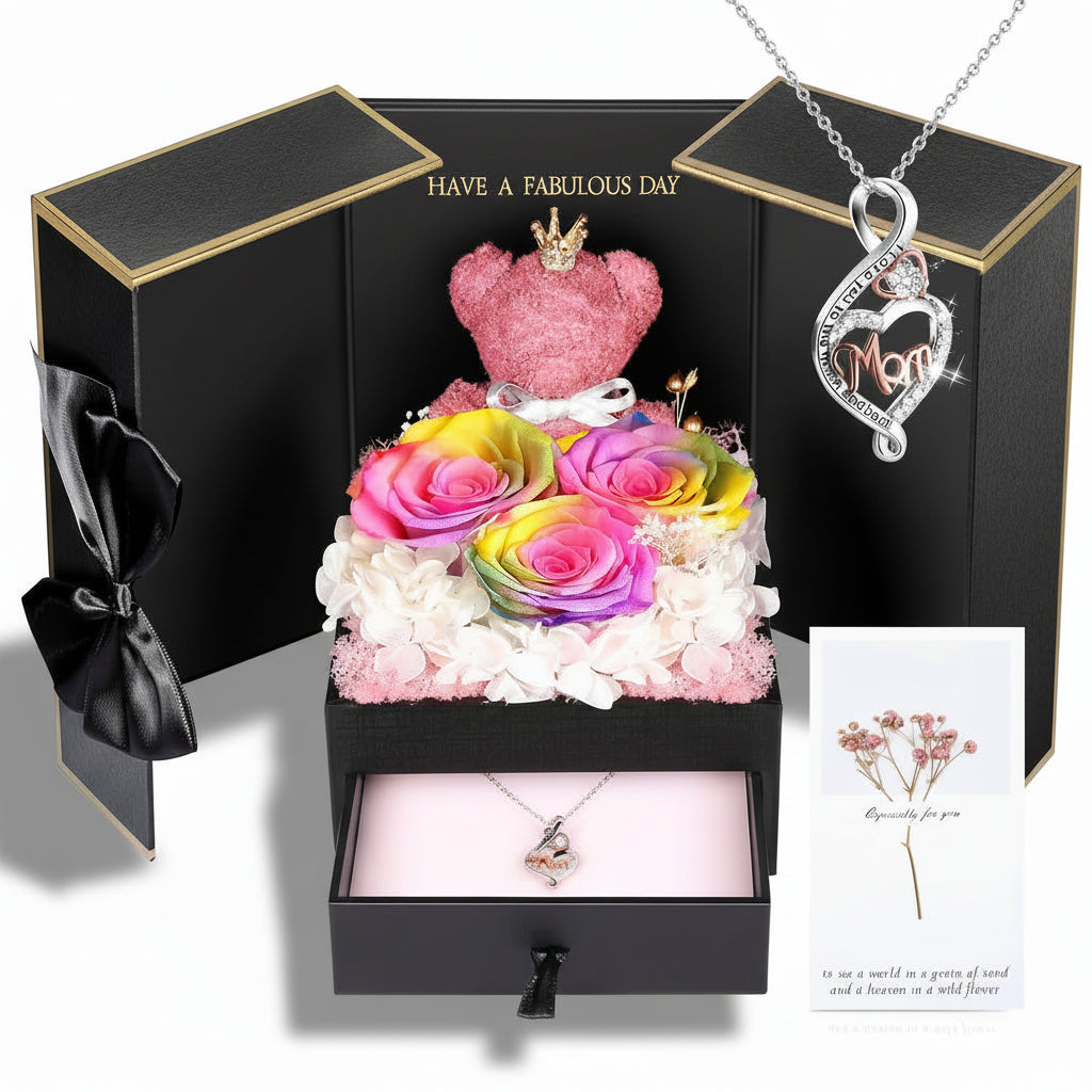 Konservierte Rosen-Geschenkbox mit Herzdisplay und versteckter Halskette | Temsk