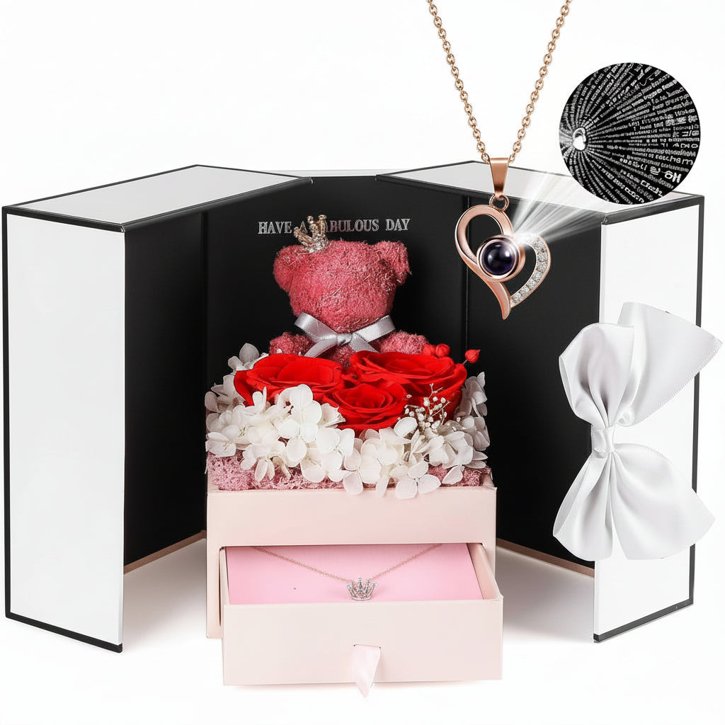 Konservierte Rosen-Geschenkbox mit Herzdisplay und versteckter Halskette | Temsk