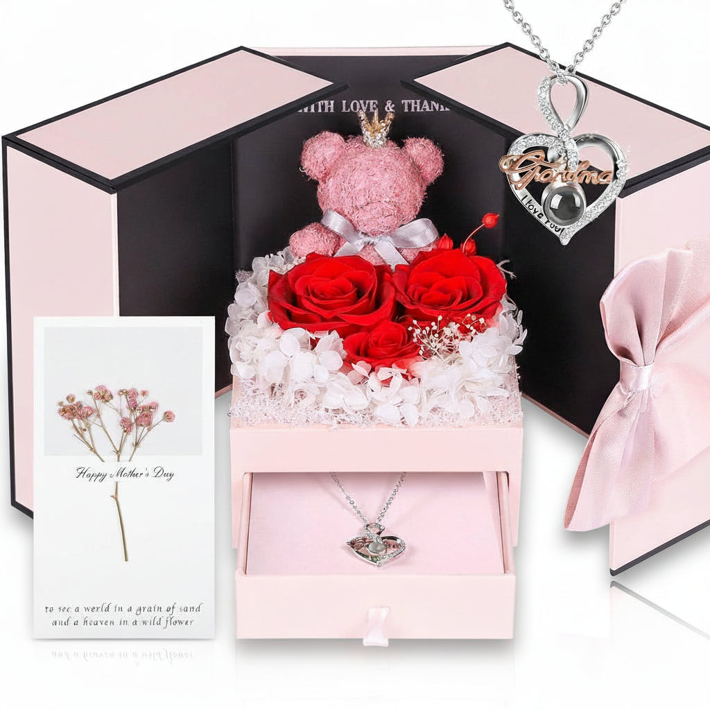 Konservierte Rosen-Geschenkbox mit Herzdisplay und versteckter Halskette | Temsk