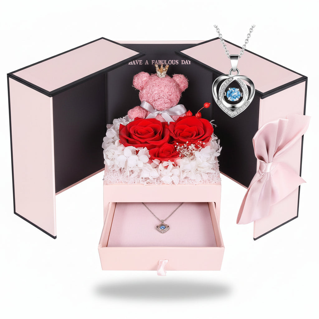 Konservierte Rosen-Geschenkbox mit Herzdisplay und versteckter Halskette | Temsk