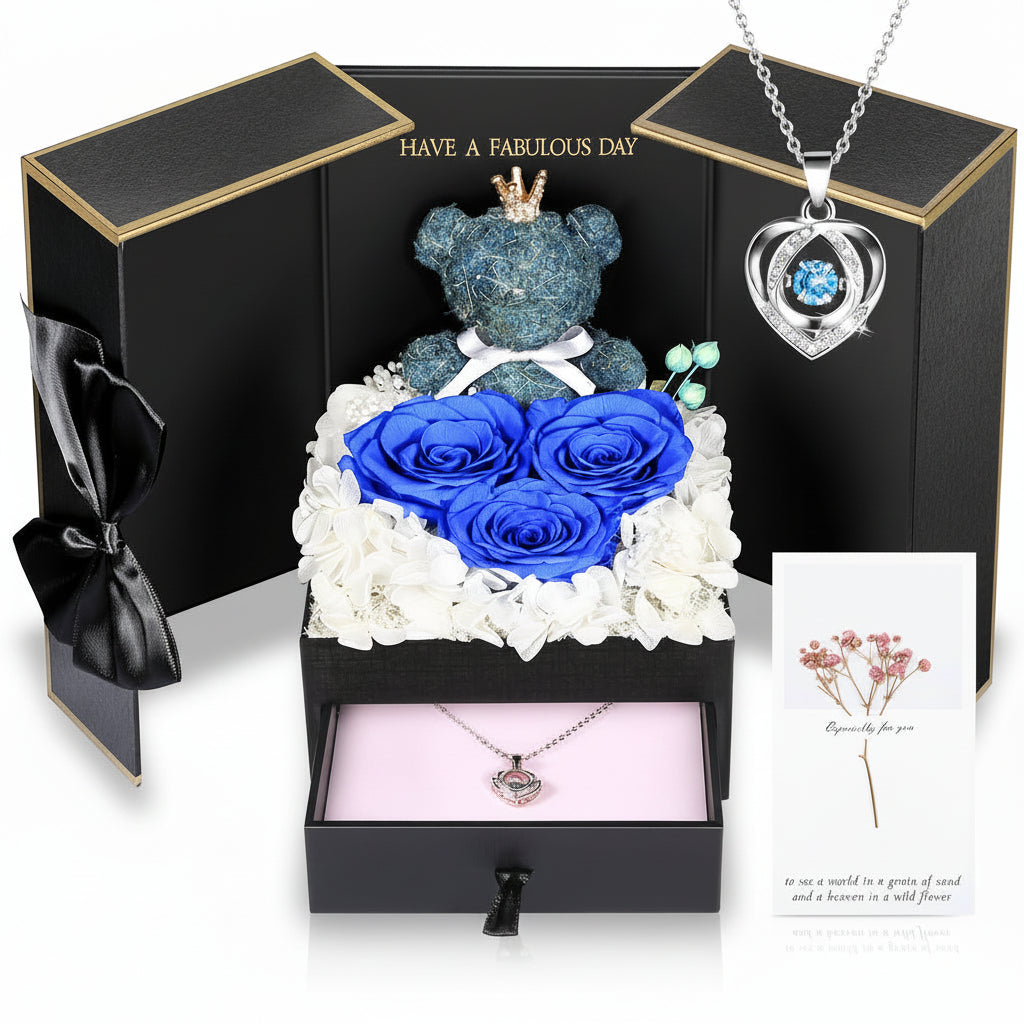 Konservierte Rosen-Geschenkbox mit Herzdisplay und versteckter Halskette | Temsk