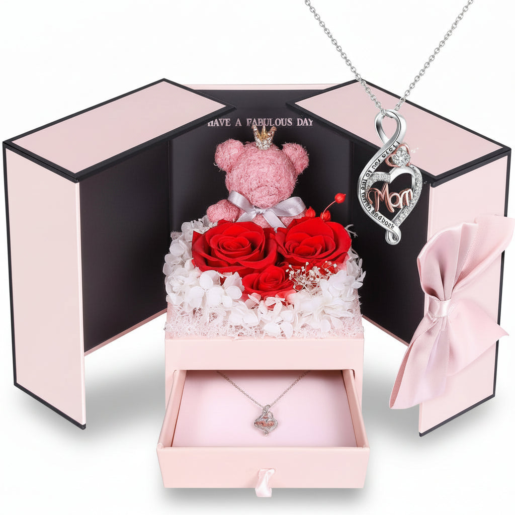 Konservierte Rosen-Geschenkbox mit Herzdisplay und versteckter Halskette | Temsk